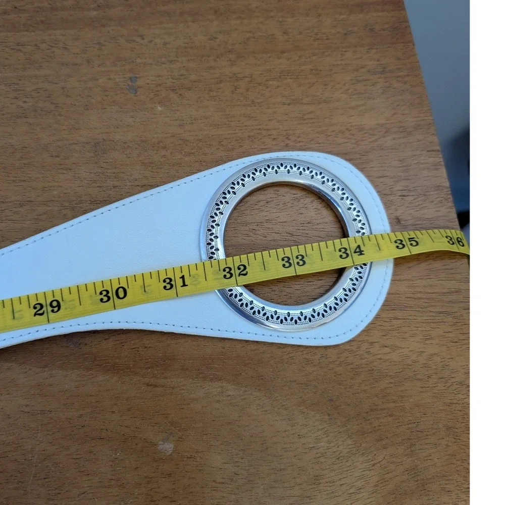 Vintage Y2K‎ White Leather Belt Silver Big Circle Belt Festival Western